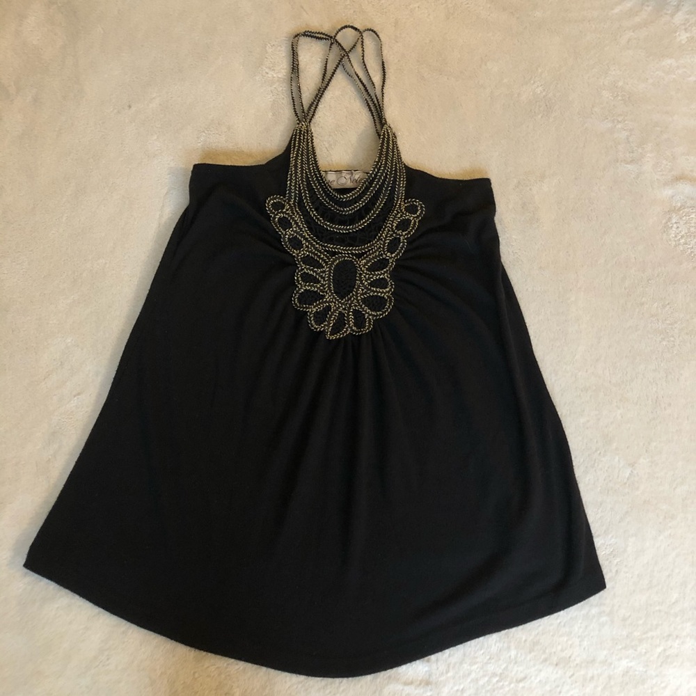 Love Notes Black Halter Top Crochet Lace Neckline